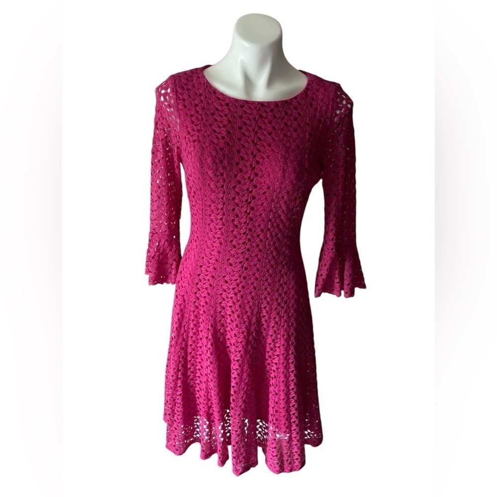 Chris McLauglin Hot Pink Crocheted Fit And Flare Dress With Bell Sleeves Size 10